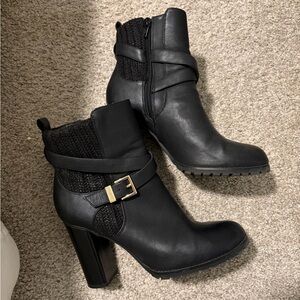 Juicy Couture Black Heeled Boots with Gold Buckle